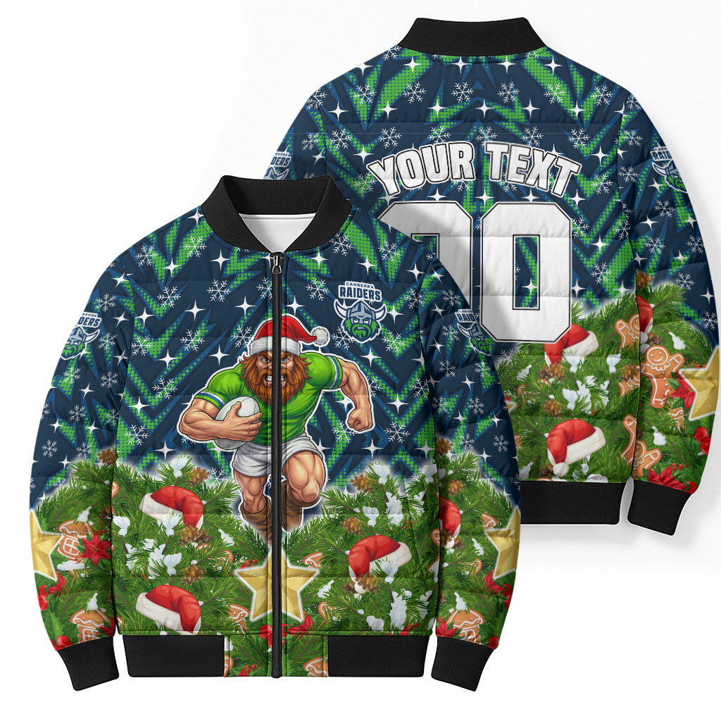Personalised Raiders Rugby Christmas Bomber Puffer Jacket Santa Rugby Mascot - Pine Wreath Festive