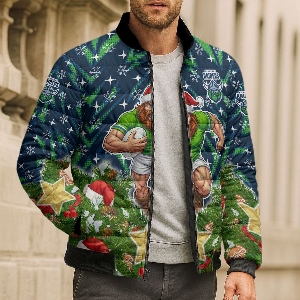Personalised Raiders Rugby Christmas Bomber Puffer Jacket Santa Rugby Mascot - Pine Wreath Festive