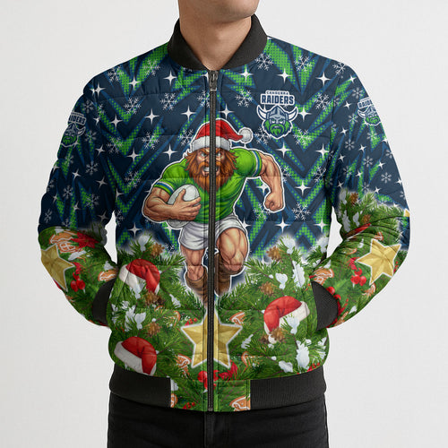 Personalised Raiders Rugby Christmas Bomber Puffer Jacket Santa Rugby Mascot - Pine Wreath Festive