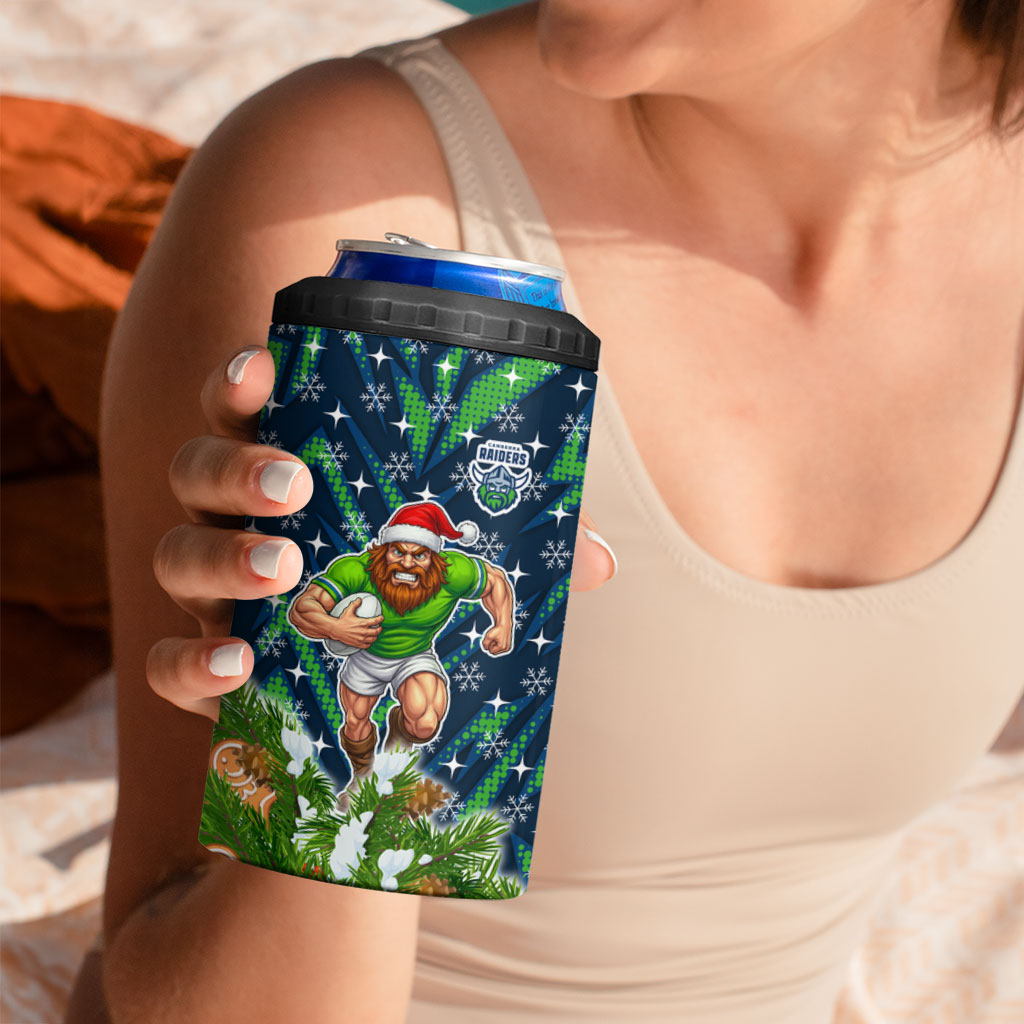 Personalised Raiders Rugby Christmas 4 in 1 Can Cooler Tumbler Santa Rugby Mascot - Pine Wreath Festive