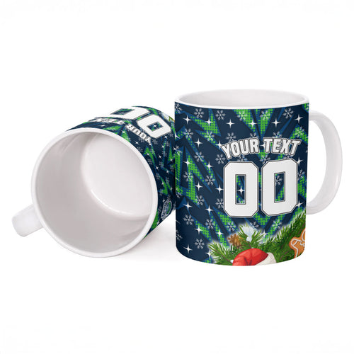 Personalised Raiders Rugby Christmas Ceramic Mug Santa Rugby Mascot - Pine Wreath Festive