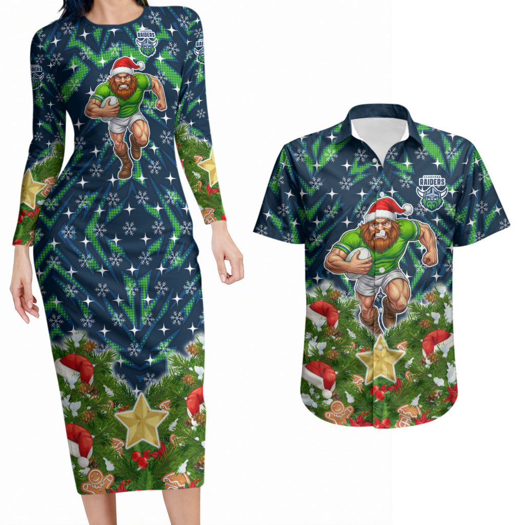Personalised Raiders Rugby Christmas Couples Matching Long Sleeve Bodycon Dress and Hawaiian Shirt Santa Rugby Mascot - Pine Wreath Festive