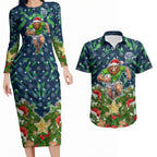 Personalised Raiders Rugby Christmas Couples Matching Long Sleeve Bodycon Dress and Hawaiian Shirt Santa Rugby Mascot - Pine Wreath Festive