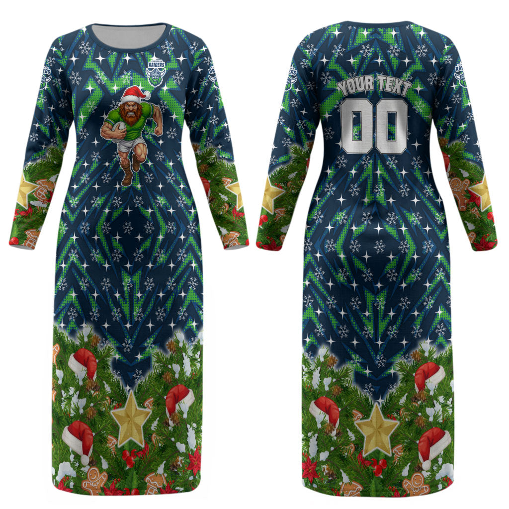 Personalised Raiders Rugby Christmas Couples Matching Long Sleeve Bodycon Dress and Hawaiian Shirt Santa Rugby Mascot - Pine Wreath Festive