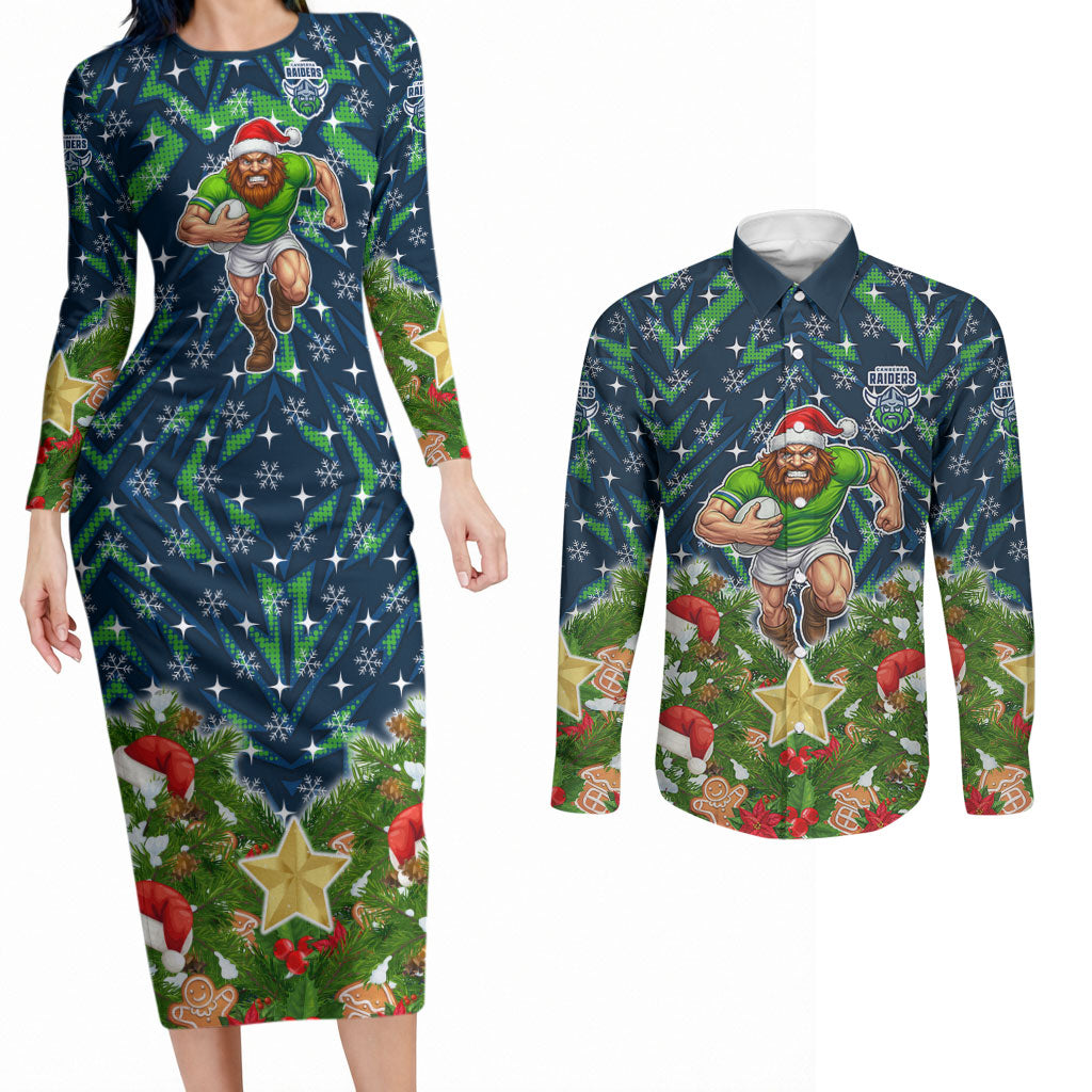 Personalised Raiders Rugby Christmas Couples Matching Long Sleeve Bodycon Dress and Long Sleeve Button Shirt Santa Rugby Mascot - Pine Wreath Festive