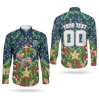 Personalised Raiders Rugby Christmas Couples Matching Long Sleeve Bodycon Dress and Long Sleeve Button Shirt Santa Rugby Mascot - Pine Wreath Festive