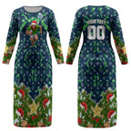 Personalised Raiders Rugby Christmas Couples Matching Long Sleeve Bodycon Dress and Long Sleeve Button Shirt Santa Rugby Mascot - Pine Wreath Festive