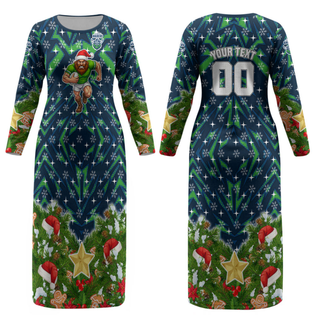 Personalised Raiders Rugby Christmas Couples Matching Long Sleeve Bodycon Dress and Long Sleeve Button Shirt Santa Rugby Mascot - Pine Wreath Festive