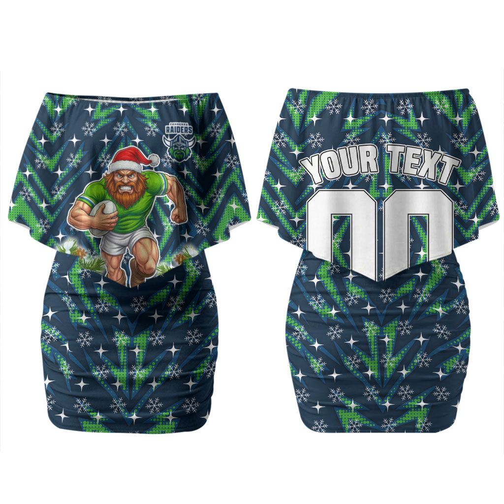 Personalised Raiders Rugby Christmas Couples Matching Off Shoulder Short Dress and Long Sleeve Button Shirt Santa Rugby Mascot - Pine Wreath Festive