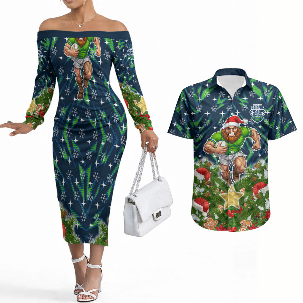 Personalised Raiders Rugby Christmas Couples Matching Off The Shoulder Long Sleeve Dress and Hawaiian Shirt Santa Rugby Mascot - Pine Wreath Festive