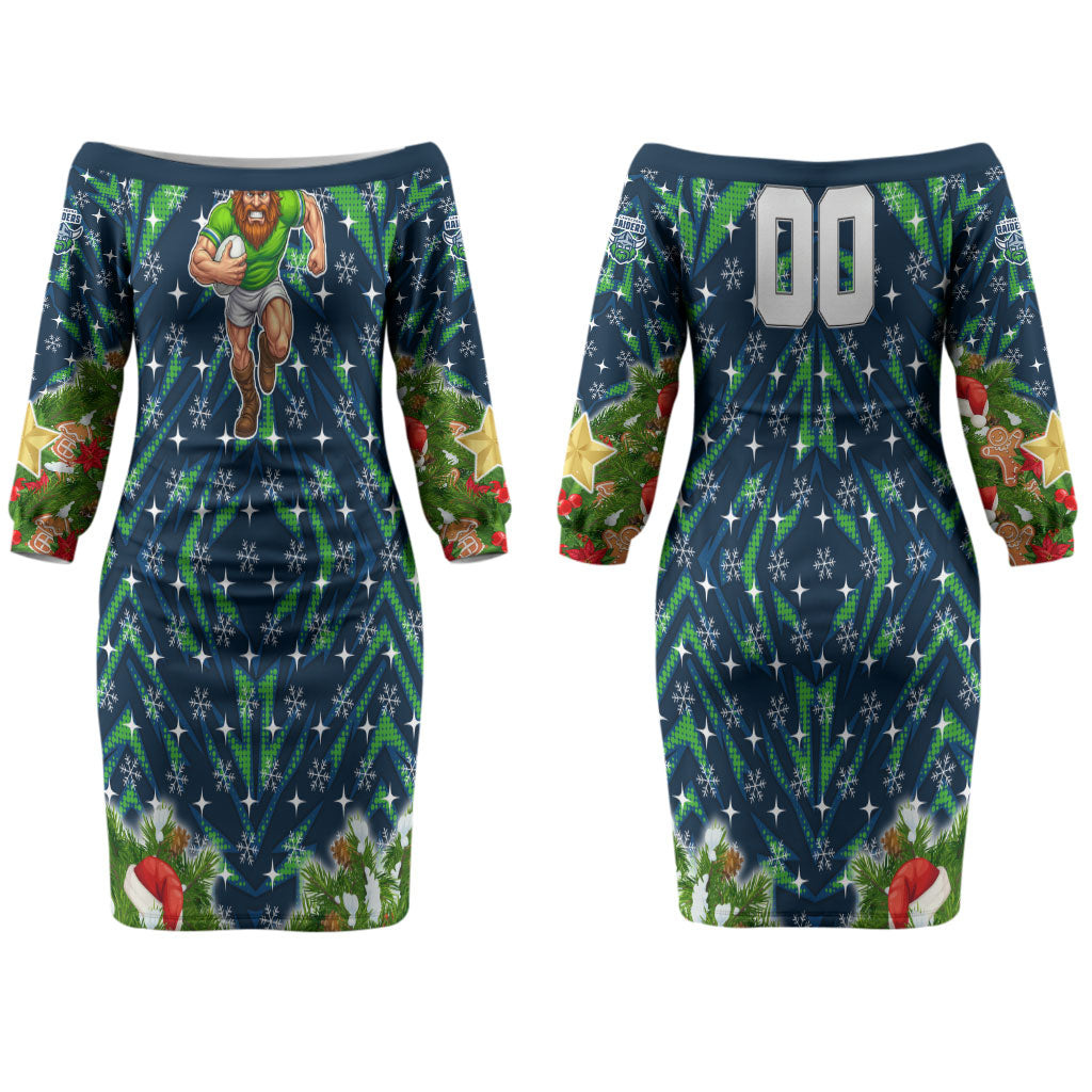 Personalised Raiders Rugby Christmas Couples Matching Off The Shoulder Long Sleeve Dress and Hawaiian Shirt Santa Rugby Mascot - Pine Wreath Festive