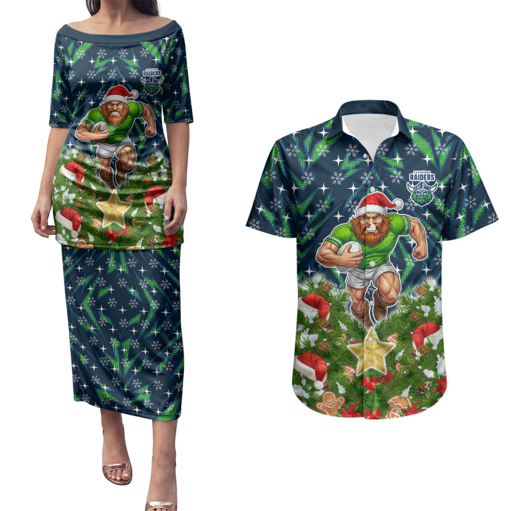 Personalised Raiders Rugby Christmas Couples Matching Puletasi and Hawaiian Shirt Santa Rugby Mascot - Pine Wreath Festive
