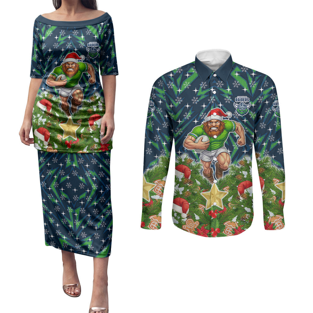 Personalised Raiders Rugby Christmas Couples Matching Puletasi and Long Sleeve Button Shirt Santa Rugby Mascot - Pine Wreath Festive