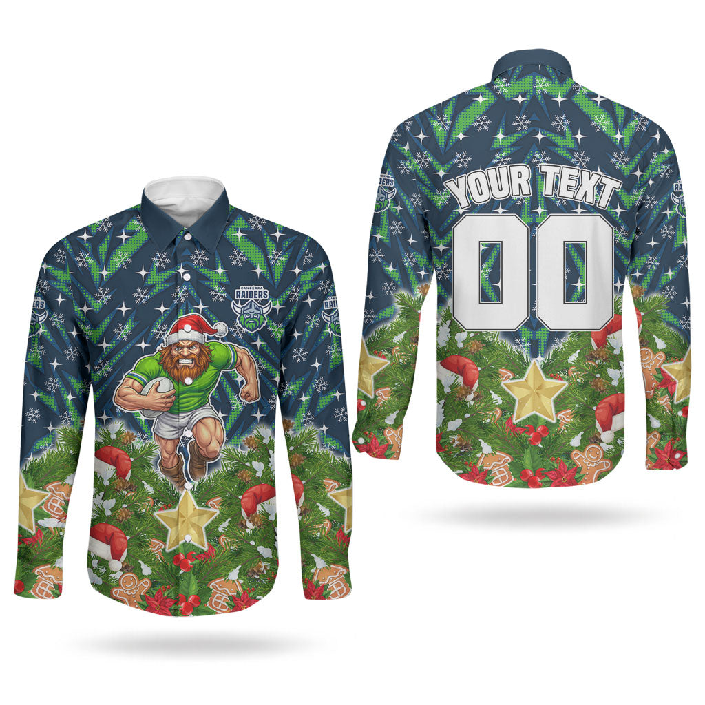 Personalised Raiders Rugby Christmas Couples Matching Puletasi and Long Sleeve Button Shirt Santa Rugby Mascot - Pine Wreath Festive
