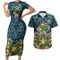 Personalised Raiders Rugby Christmas Couples Matching Short Sleeve Bodycon Dress and Hawaiian Shirt Santa Rugby Mascot - Pine Wreath Festive