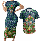 Personalised Raiders Rugby Christmas Couples Matching Short Sleeve Bodycon Dress and Hawaiian Shirt Santa Rugby Mascot - Pine Wreath Festive