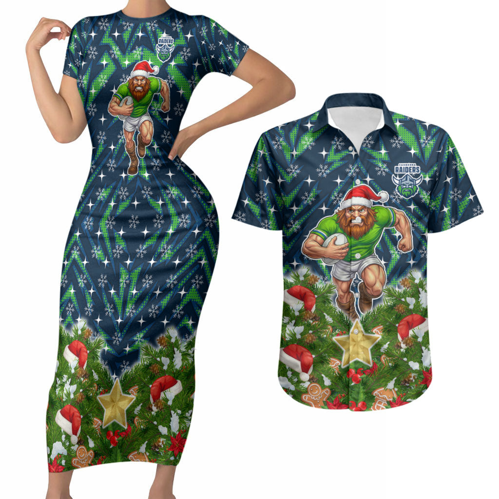 Personalised Raiders Rugby Christmas Couples Matching Short Sleeve Bodycon Dress and Hawaiian Shirt Santa Rugby Mascot - Pine Wreath Festive