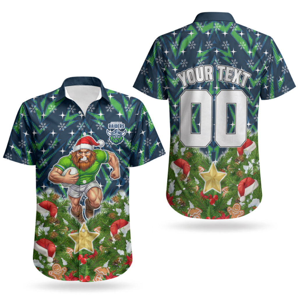 Personalised Raiders Rugby Christmas Couples Matching Short Sleeve Bodycon Dress and Hawaiian Shirt Santa Rugby Mascot - Pine Wreath Festive