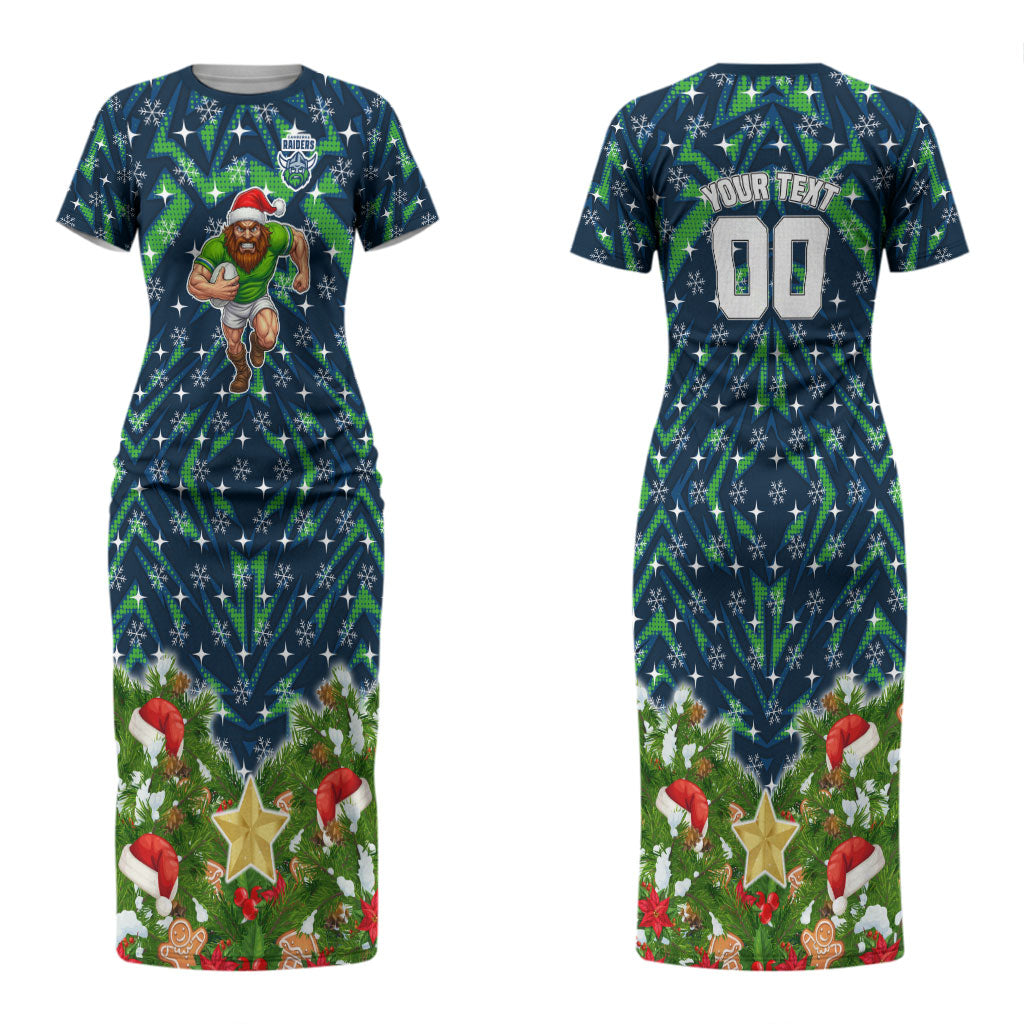 Personalised Raiders Rugby Christmas Couples Matching Short Sleeve Bodycon Dress and Hawaiian Shirt Santa Rugby Mascot - Pine Wreath Festive