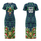 Personalised Raiders Rugby Christmas Couples Matching Short Sleeve Bodycon Dress and Hawaiian Shirt Santa Rugby Mascot - Pine Wreath Festive