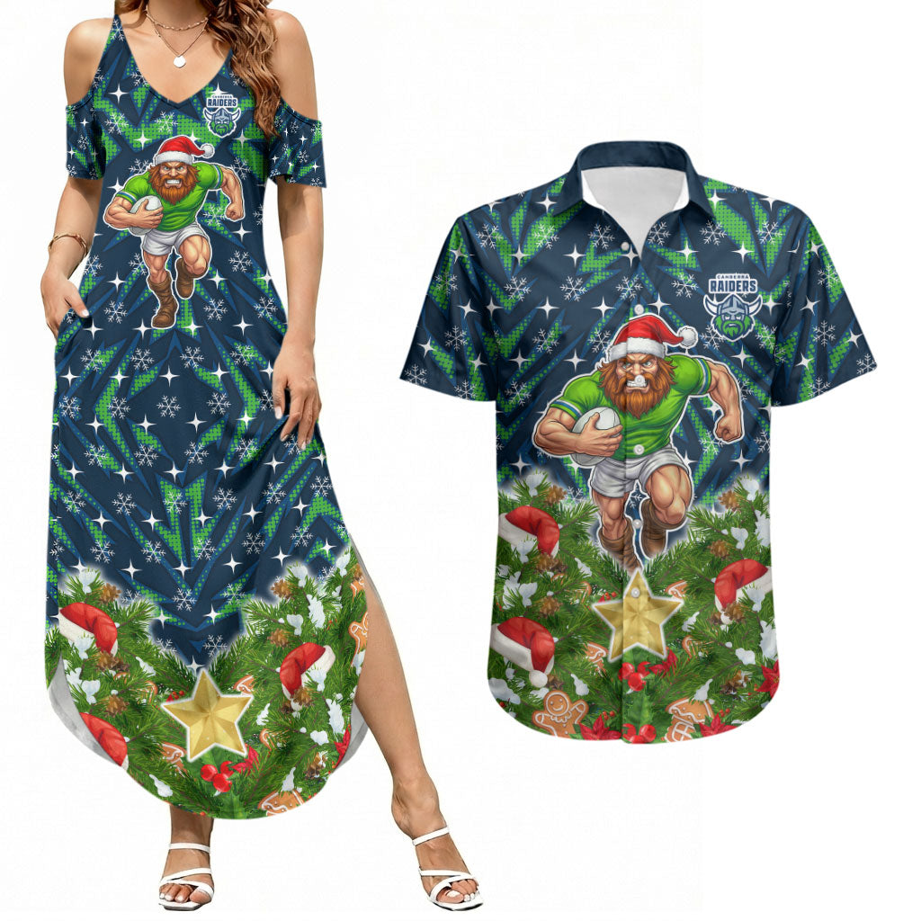 Personalised Raiders Rugby Christmas Couples Matching Summer Maxi Dress and Hawaiian Shirt Santa Rugby Mascot - Pine Wreath Festive