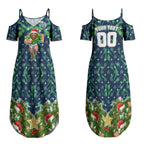 Personalised Raiders Rugby Christmas Couples Matching Summer Maxi Dress and Hawaiian Shirt Santa Rugby Mascot - Pine Wreath Festive