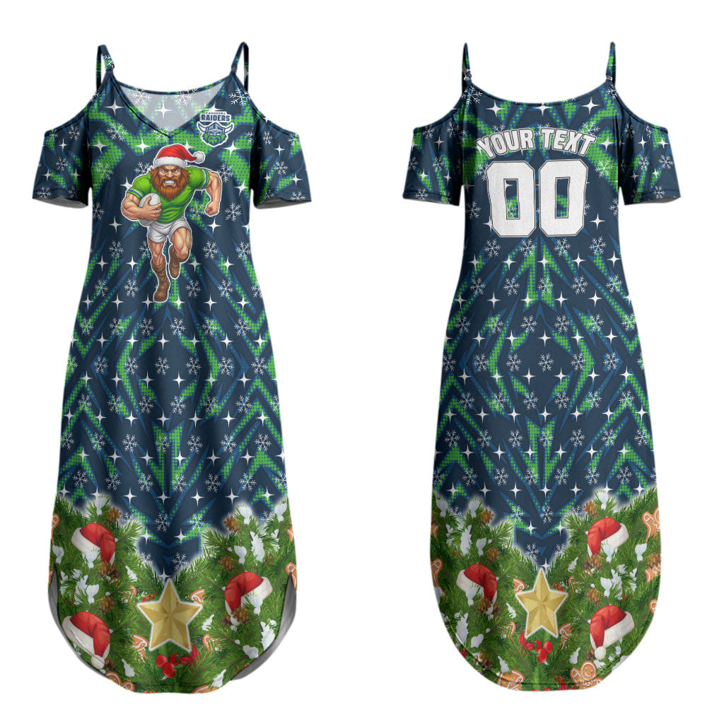 Personalised Raiders Rugby Christmas Couples Matching Summer Maxi Dress and Long Sleeve Button Shirt Santa Rugby Mascot - Pine Wreath Festive