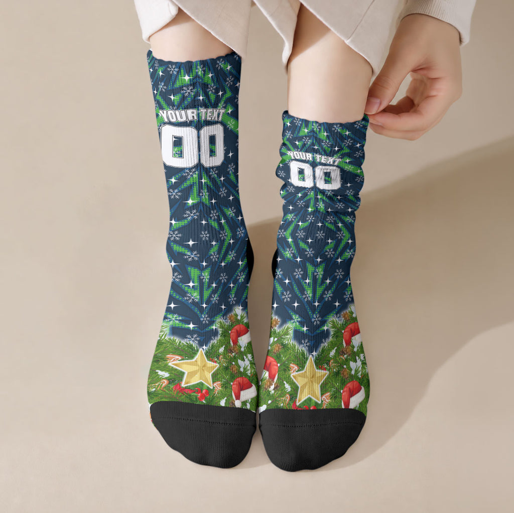 Personalised Raiders Rugby Christmas Crew Socks Santa Rugby Mascot - Pine Wreath Festive