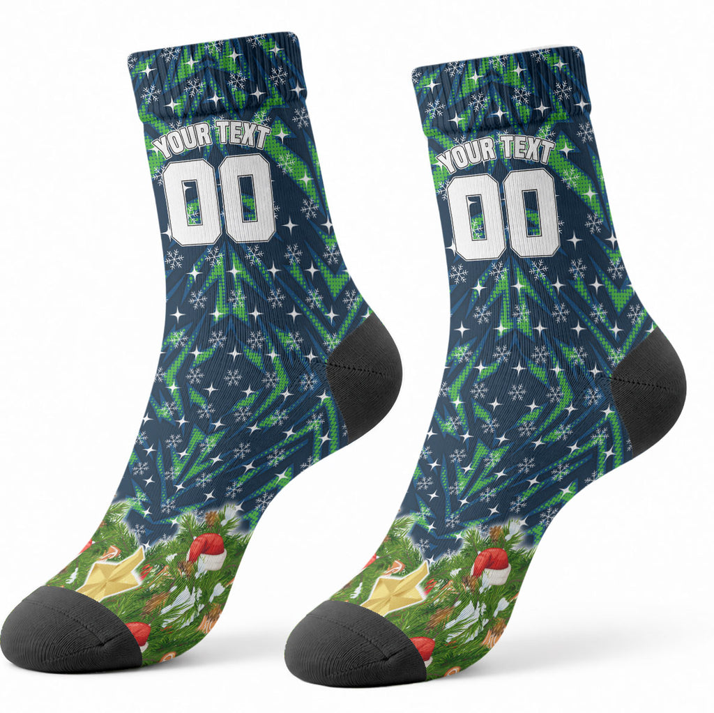 Personalised Raiders Rugby Christmas Crew Socks Santa Rugby Mascot - Pine Wreath Festive