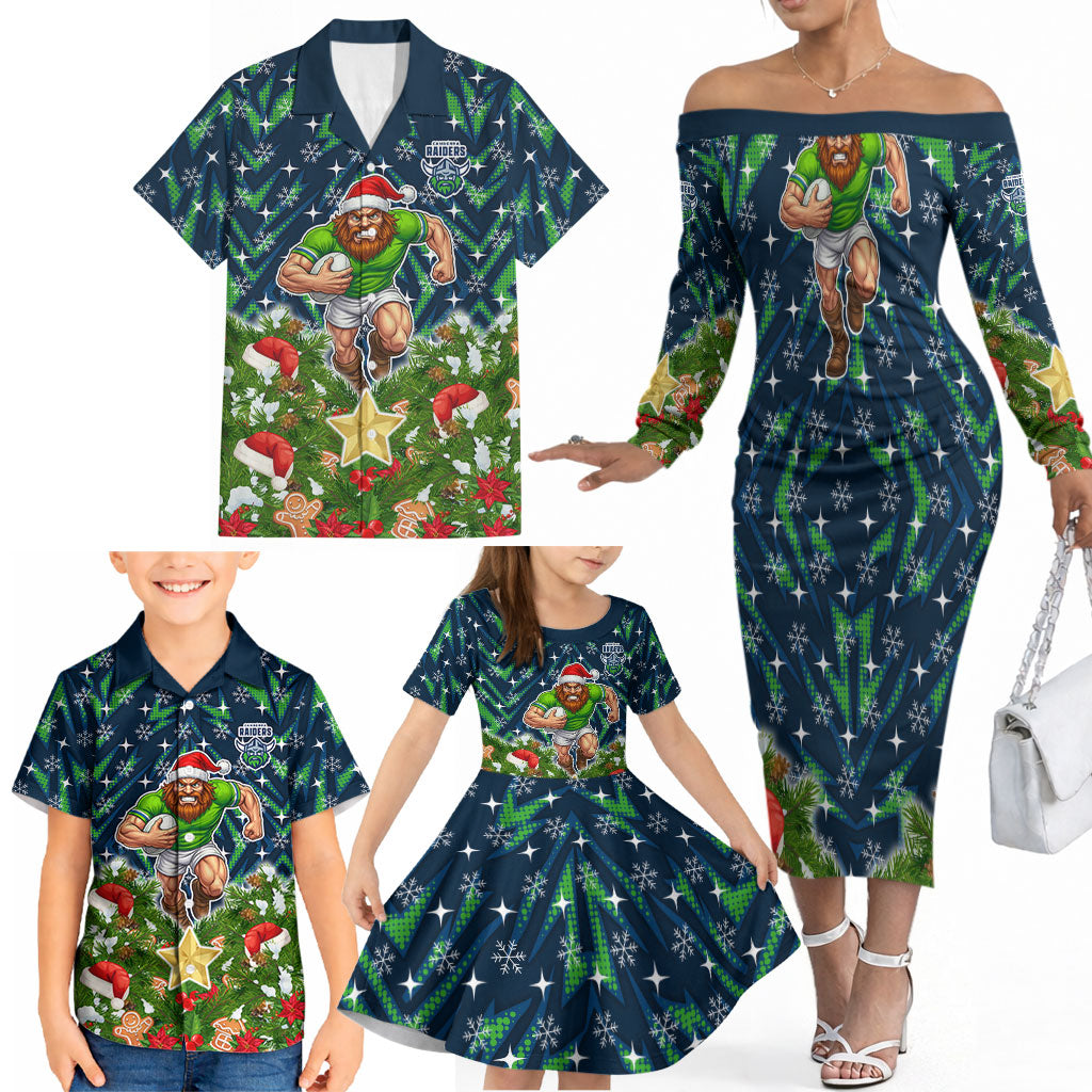 Personalised Raiders Rugby Christmas Family Matching Off The Shoulder Long Sleeve Dress and Hawaiian Shirt Santa Rugby Mascot - Pine Wreath Festive