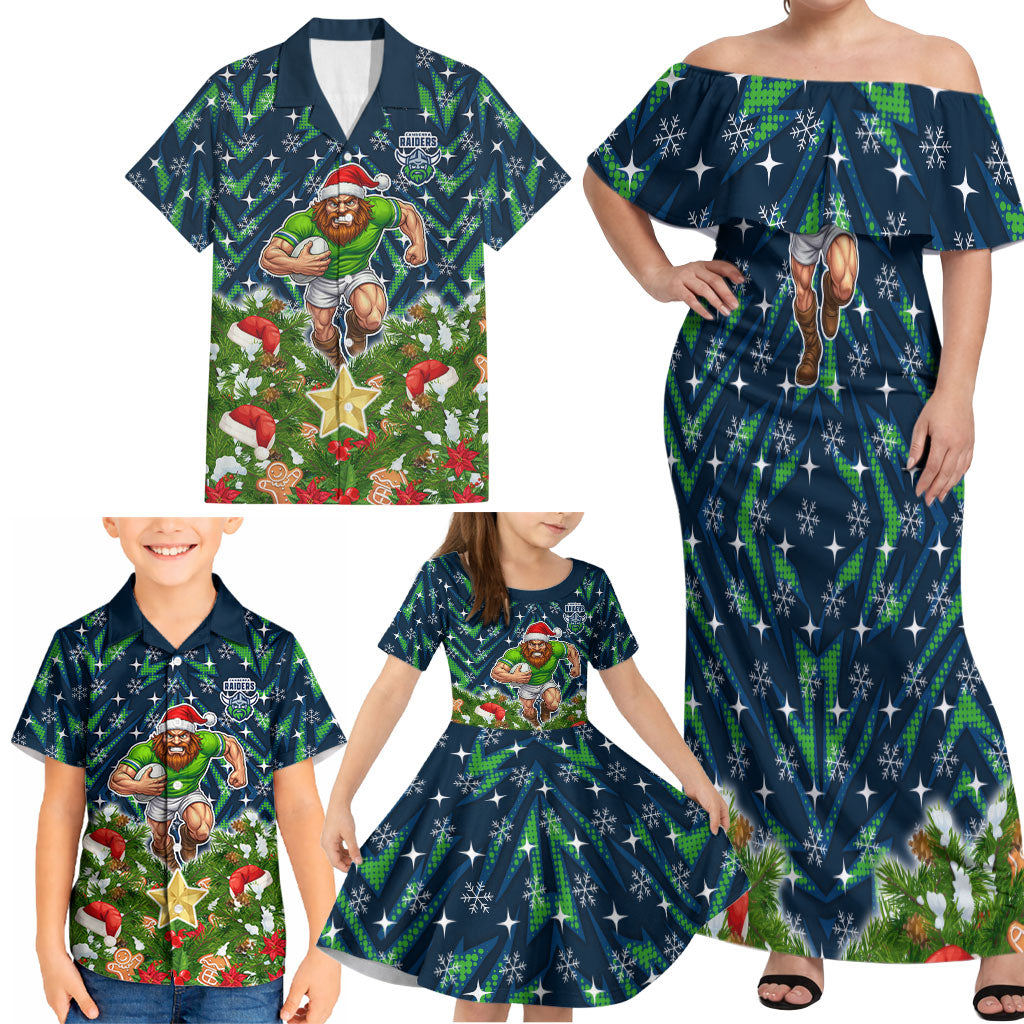 Personalised Raiders Rugby Christmas Family Matching Off Shoulder Maxi Dress and Hawaiian Shirt Santa Rugby Mascot - Pine Wreath Festive