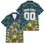 Personalised Raiders Rugby Christmas Family Matching Off Shoulder Maxi Dress and Hawaiian Shirt Santa Rugby Mascot - Pine Wreath Festive