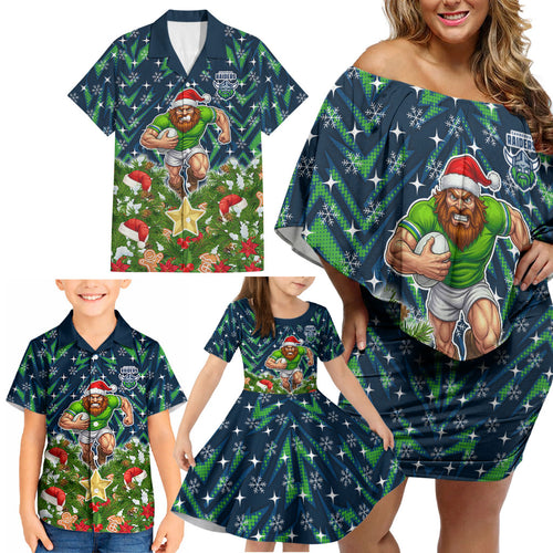 Personalised Raiders Rugby Christmas Family Matching Off Shoulder Short Dress and Hawaiian Shirt Santa Rugby Mascot - Pine Wreath Festive