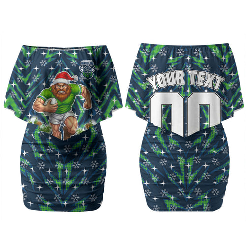 Personalised Raiders Rugby Christmas Family Matching Off Shoulder Short Dress and Hawaiian Shirt Santa Rugby Mascot - Pine Wreath Festive
