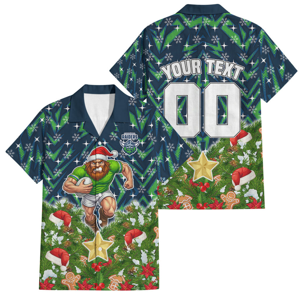 Personalised Raiders Rugby Christmas Family Matching Off Shoulder Short Dress and Hawaiian Shirt Santa Rugby Mascot - Pine Wreath Festive