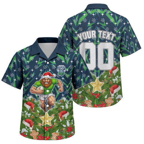 Personalised Raiders Rugby Christmas Family Matching Off Shoulder Short Dress and Hawaiian Shirt Santa Rugby Mascot - Pine Wreath Festive
