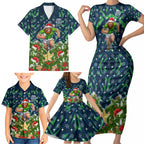 Personalised Raiders Rugby Christmas Family Matching Short Sleeve Bodycon Dress and Hawaiian Shirt Santa Rugby Mascot - Pine Wreath Festive