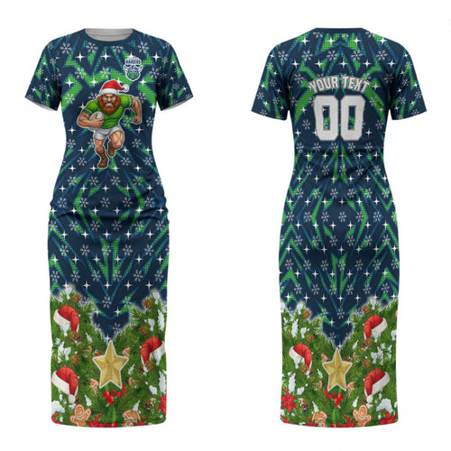 Personalised Raiders Rugby Christmas Family Matching Short Sleeve Bodycon Dress and Hawaiian Shirt Santa Rugby Mascot - Pine Wreath Festive