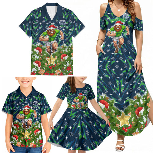 Personalised Raiders Rugby Christmas Family Matching Summer Maxi Dress and Hawaiian Shirt Santa Rugby Mascot - Pine Wreath Festive