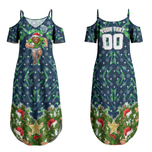 Personalised Raiders Rugby Christmas Family Matching Summer Maxi Dress and Hawaiian Shirt Santa Rugby Mascot - Pine Wreath Festive