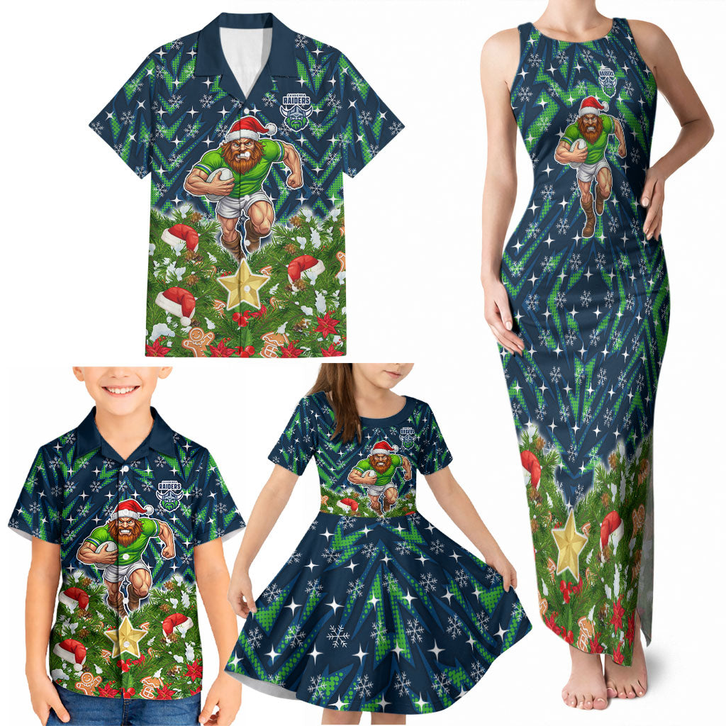 Personalised Raiders Rugby Christmas Family Matching Tank Maxi Dress and Hawaiian Shirt Santa Rugby Mascot - Pine Wreath Festive