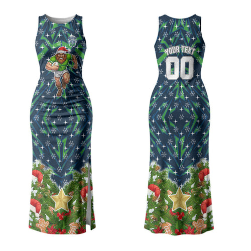 Personalised Raiders Rugby Christmas Family Matching Tank Maxi Dress and Hawaiian Shirt Santa Rugby Mascot - Pine Wreath Festive