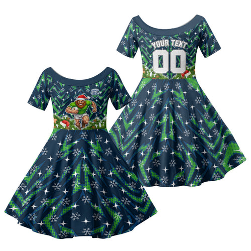 Personalised Raiders Rugby Christmas Family Matching Tank Maxi Dress and Hawaiian Shirt Santa Rugby Mascot - Pine Wreath Festive