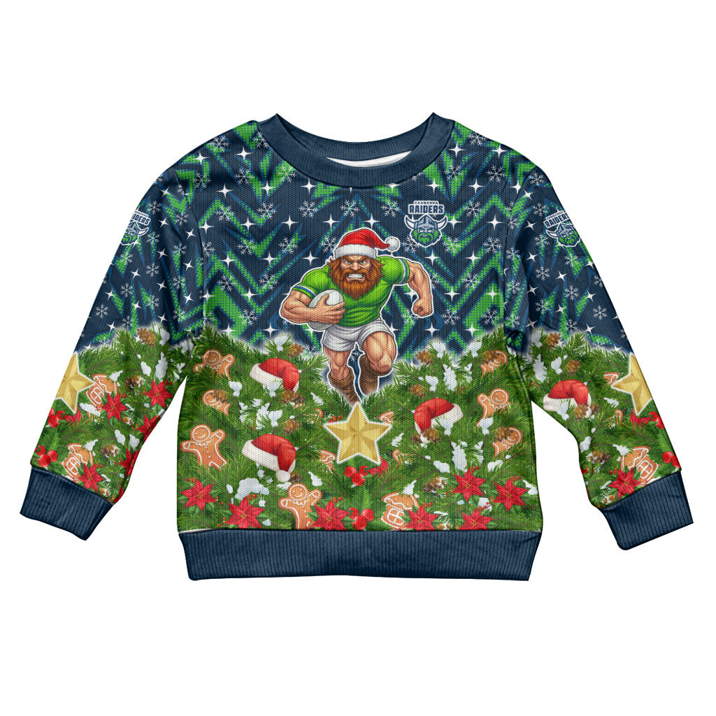 Personalised Raiders Rugby Christmas Kid Ugly Christmas Sweater Santa Rugby Mascot - Pine Wreath Festive