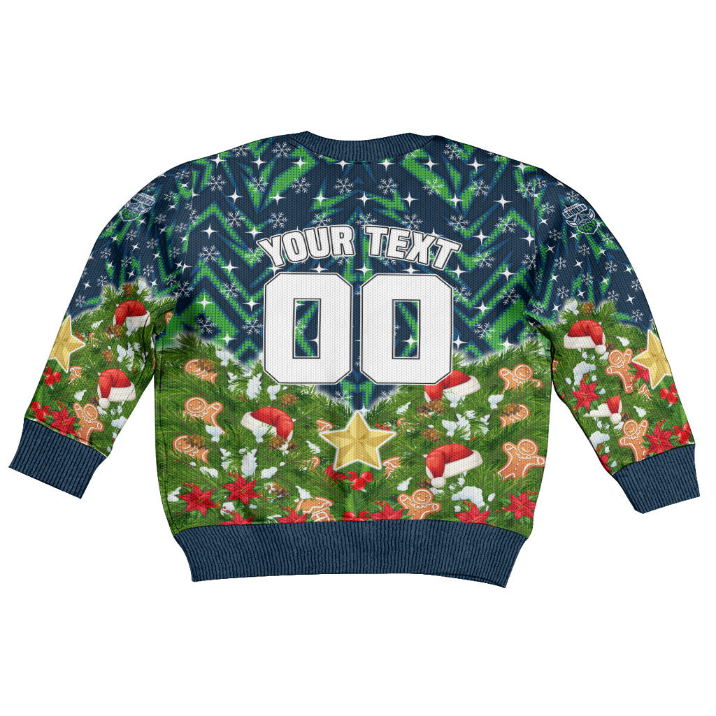 Personalised Raiders Rugby Christmas Kid Ugly Christmas Sweater Santa Rugby Mascot - Pine Wreath Festive