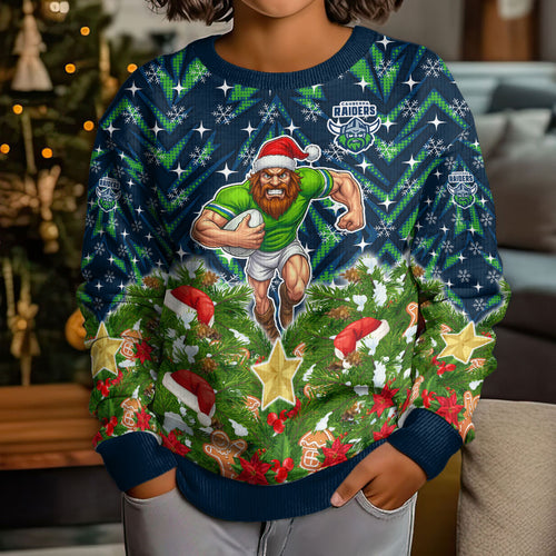 Personalised Raiders Rugby Christmas Kid Ugly Christmas Sweater Santa Rugby Mascot - Pine Wreath Festive