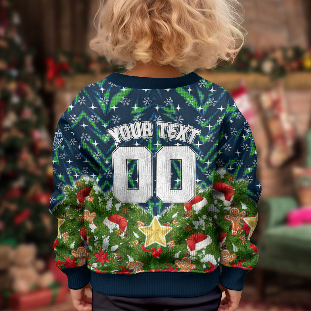 Personalised Raiders Rugby Christmas Kid Ugly Christmas Sweater Santa Rugby Mascot - Pine Wreath Festive