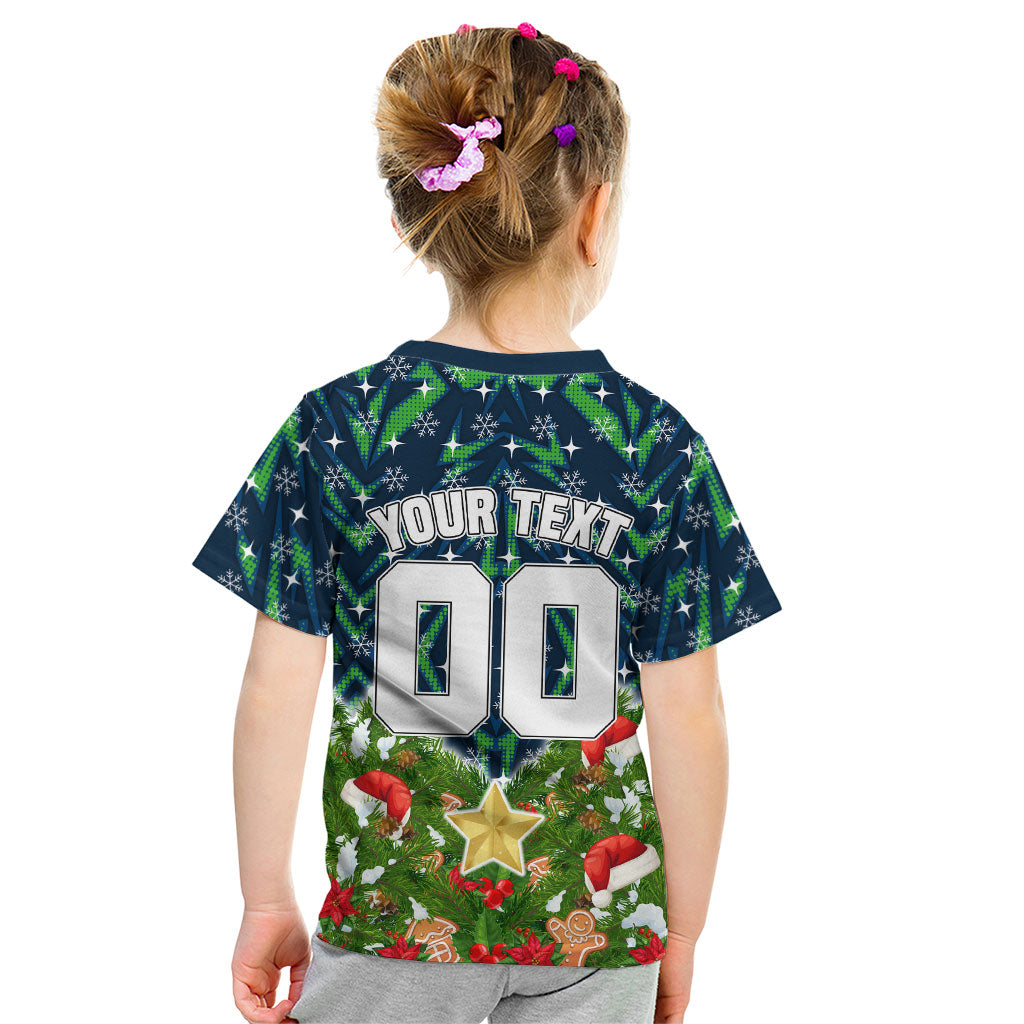 Personalised Raiders Rugby Christmas Kid T Shirt Santa Rugby Mascot - Pine Wreath Festive