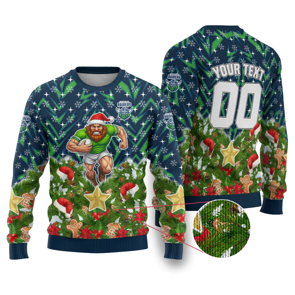 Personalised Raiders Rugby Christmas Ugly Christmas Sweater Santa Rugby Mascot - Pine Wreath Festive