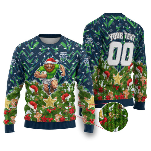 Personalised Raiders Rugby Christmas Ugly Christmas Sweater Santa Rugby Mascot - Pine Wreath Festive